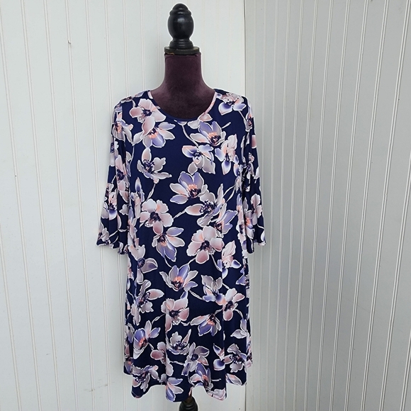 Espresso Womens Dress Floral Pink Blue Bell Sleeve Shift Boho Casual Stretch M - Picture 1 of 14